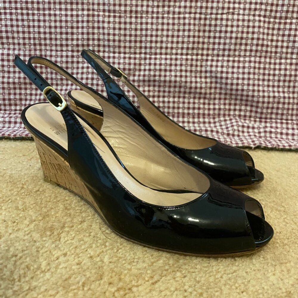 Stuart Weitzman Slinky Patent Leather Cork Wedges | Black | Size 8